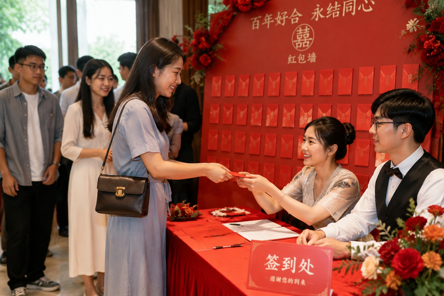 Guest handing a red envelope to a greeter at a Chinese wedding gift table