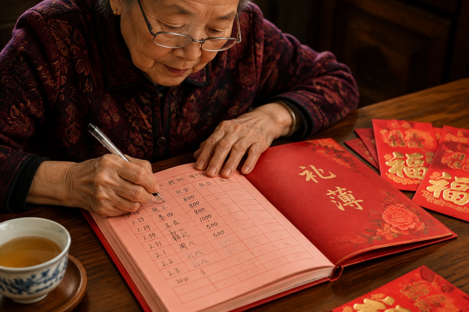 Elderly woman recording gift amounts in a traditional Chinese gift ledger with red envelopes nearby