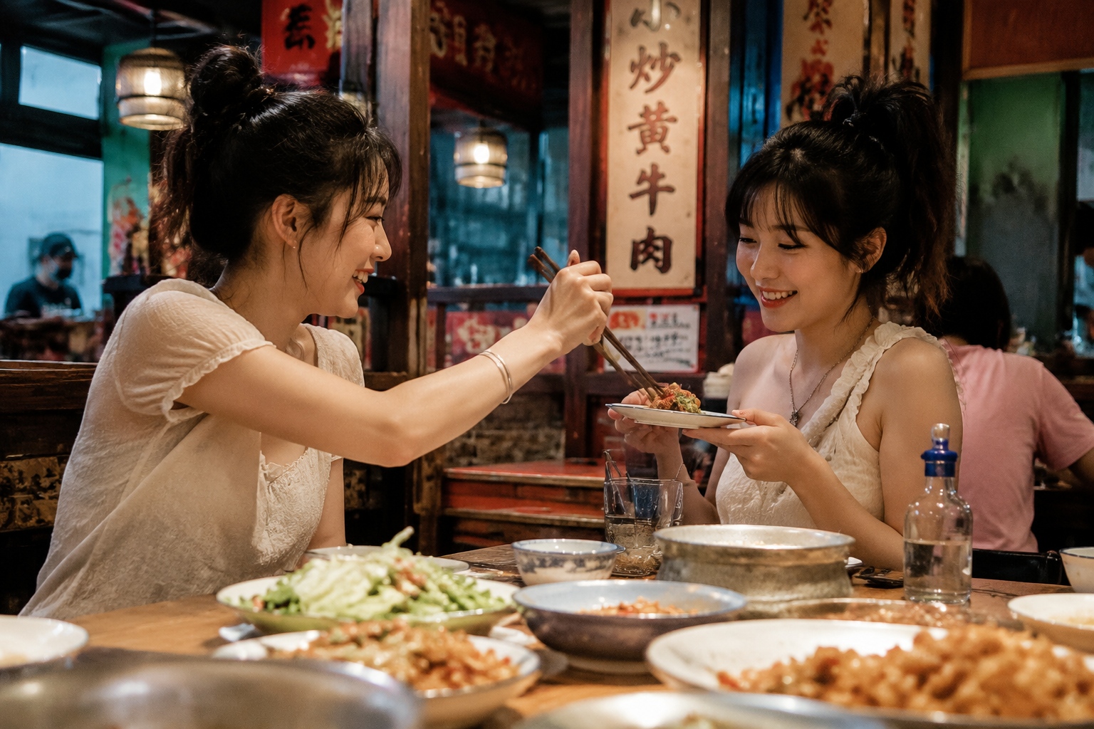 Two Chinese friends sharing food at a restaurant, showing the warmth of friendship in China