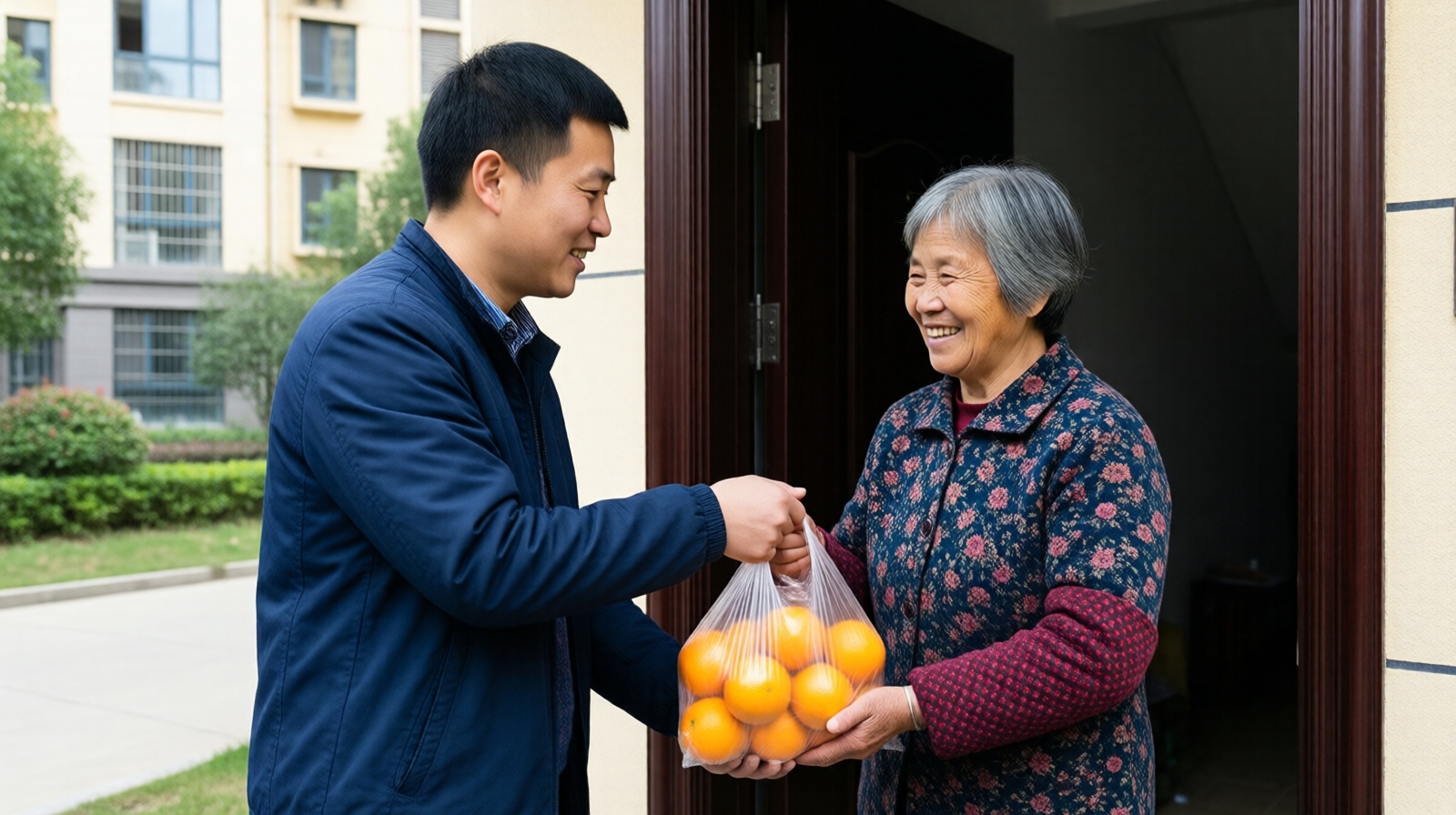 A person giving a gift of oranges to a neighbor in China, embodying reciprocal courtesy