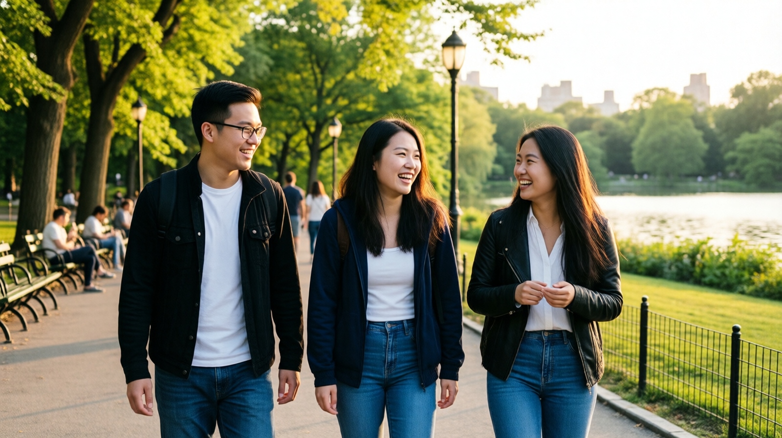 Three friends walking together in a park in China, representing deepening trust and connection