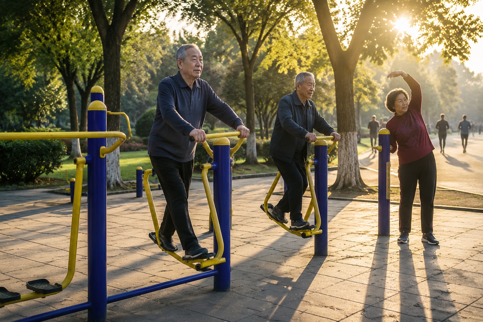 Elderly people exercising on free public outdoor gym equipment in a Chinese park at sunrise