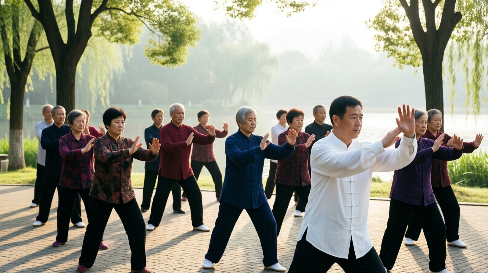 Morning tai chi group practicing in a Chinese park at dawn