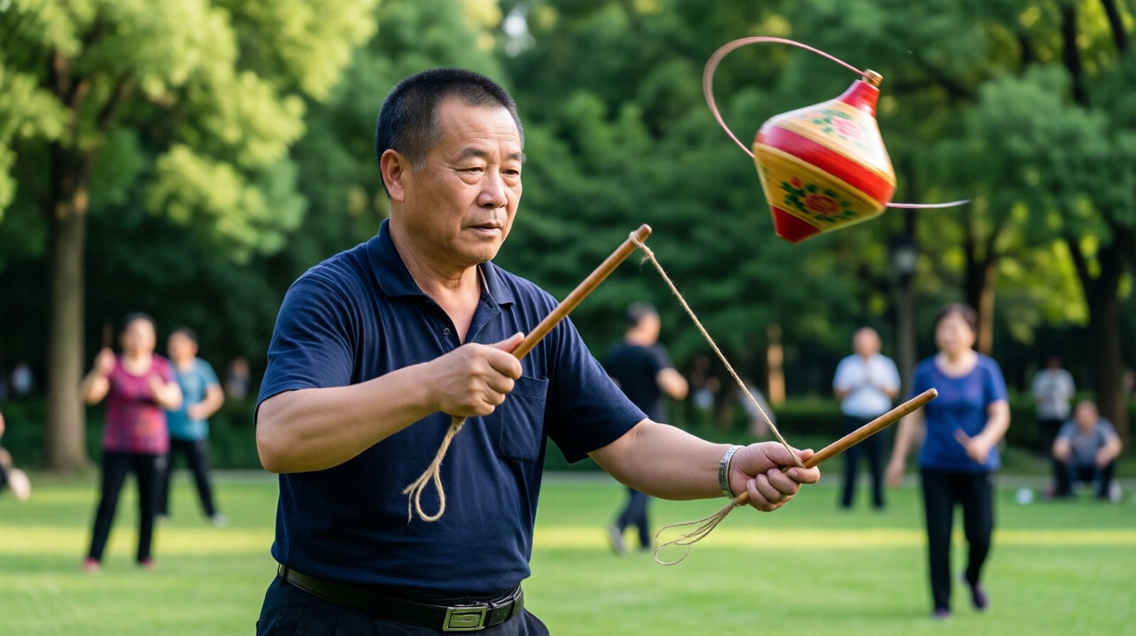 Retired man playing diabolo in a Chinese park during morning exercise