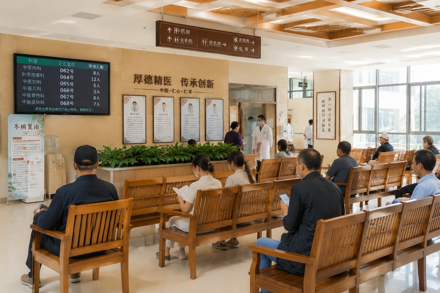 Waiting room of a traditional Chinese medicine hospital in China with patients and electronic queue system