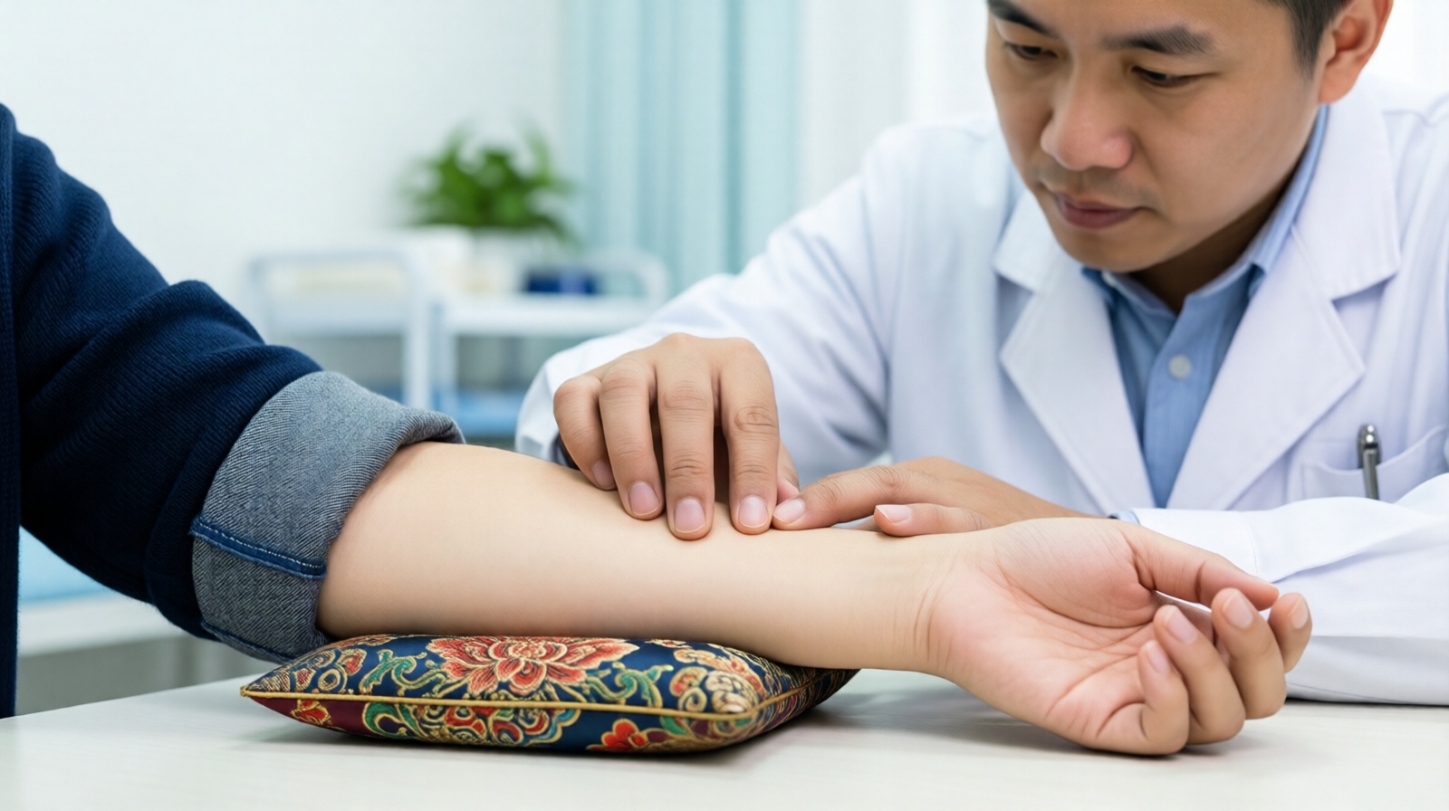 TCM doctor performing pulse diagnosis on a patient's wrist in a Beijing hospital