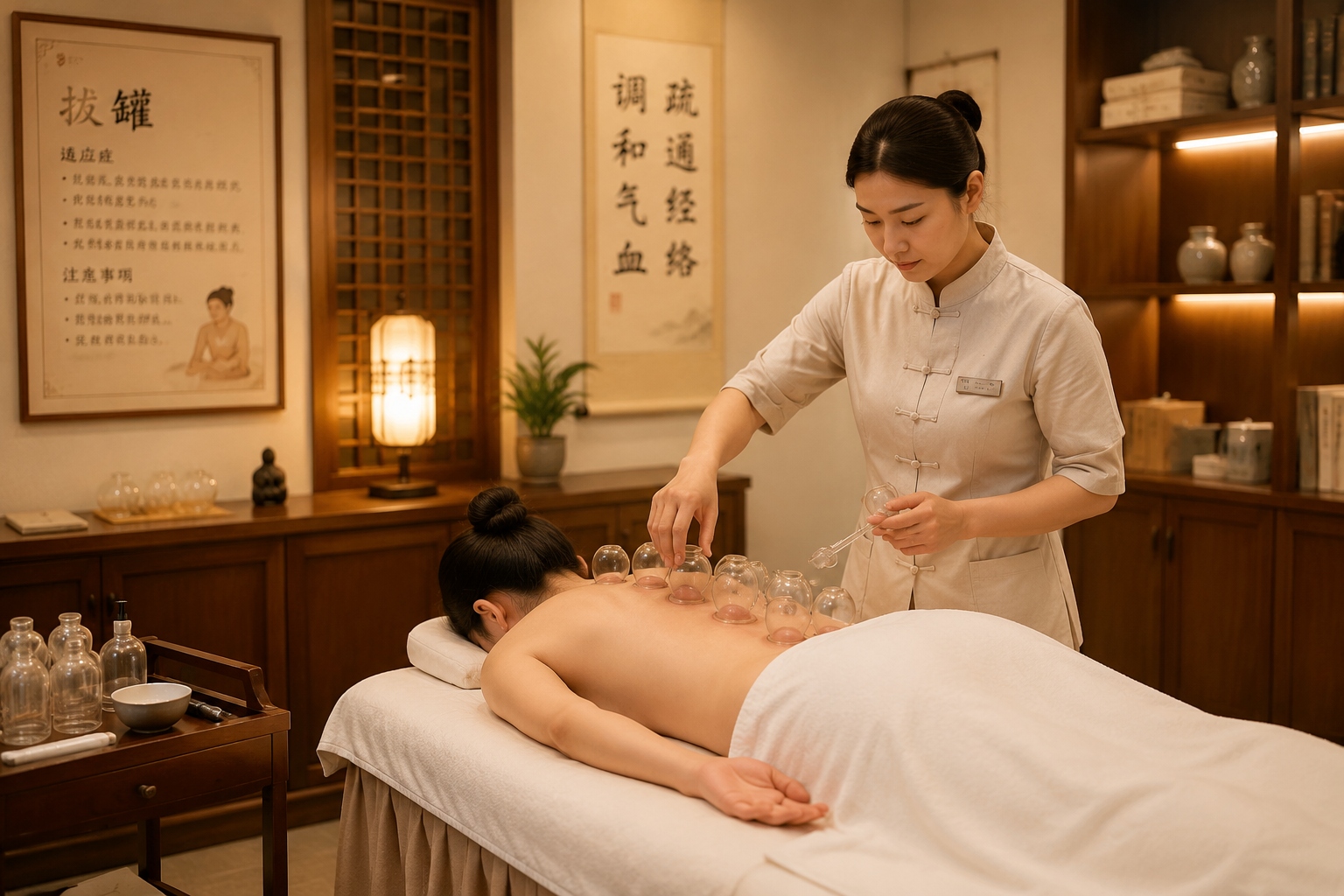 Cupping therapy with glass cups on a patient's back in a Chinese medicine clinic