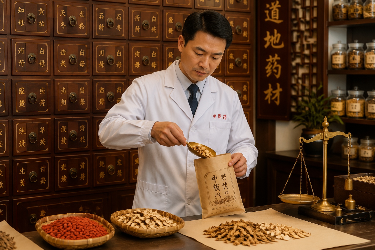 Pharmacist weighing dried Chinese herbs at a herbal pharmacy with wooden drawers