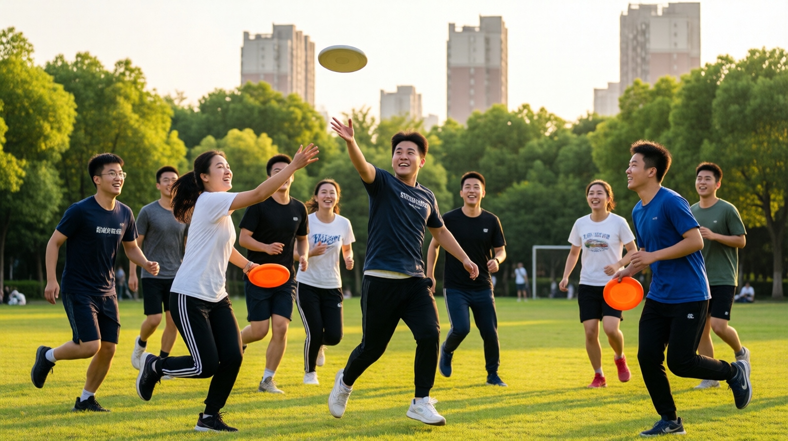Young people playing ultimate frisbee in a Shanghai park