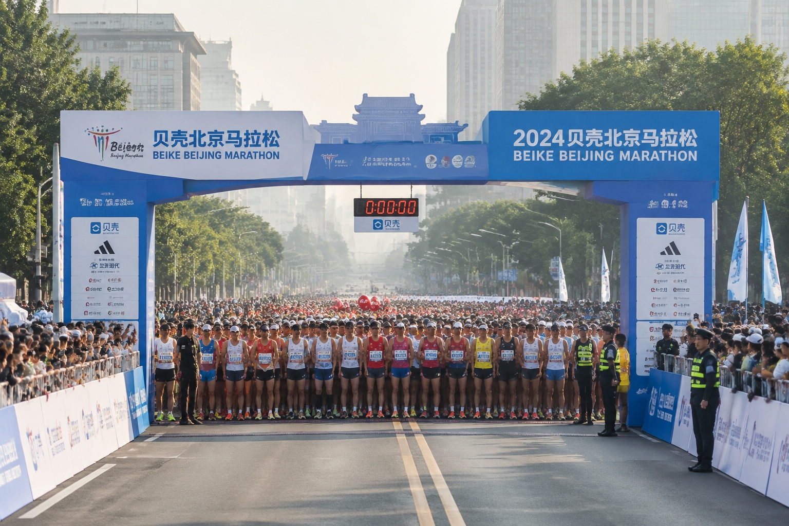 Marathon runners at the start line in Beijing