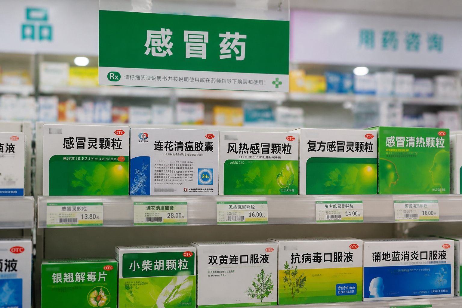 Over-the-counter medicine shelf in a Chinese pharmacy with boxes labeled in Chinese and a green sign for cold medicine
