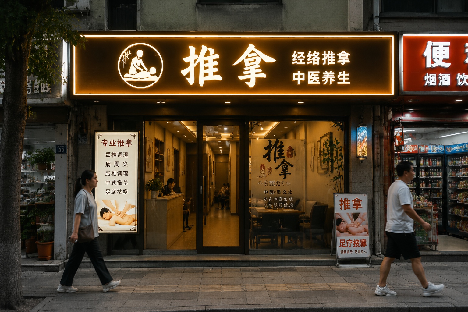 Street view of a Chinese tuina massage shop with illuminated sign in the evening