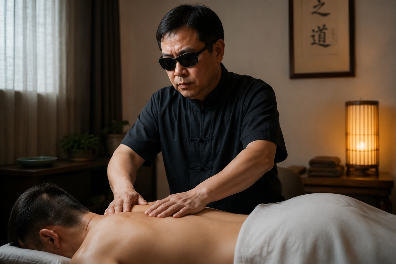 Blind massage therapist working on a customer's shoulders in a dimly lit Chinese wellness room