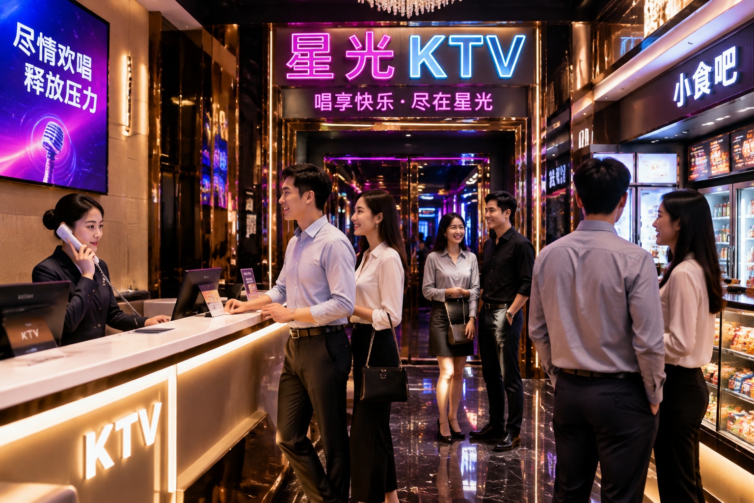 Busy KTV lobby in China with professionals waiting and chatting, neon lights, snack bar