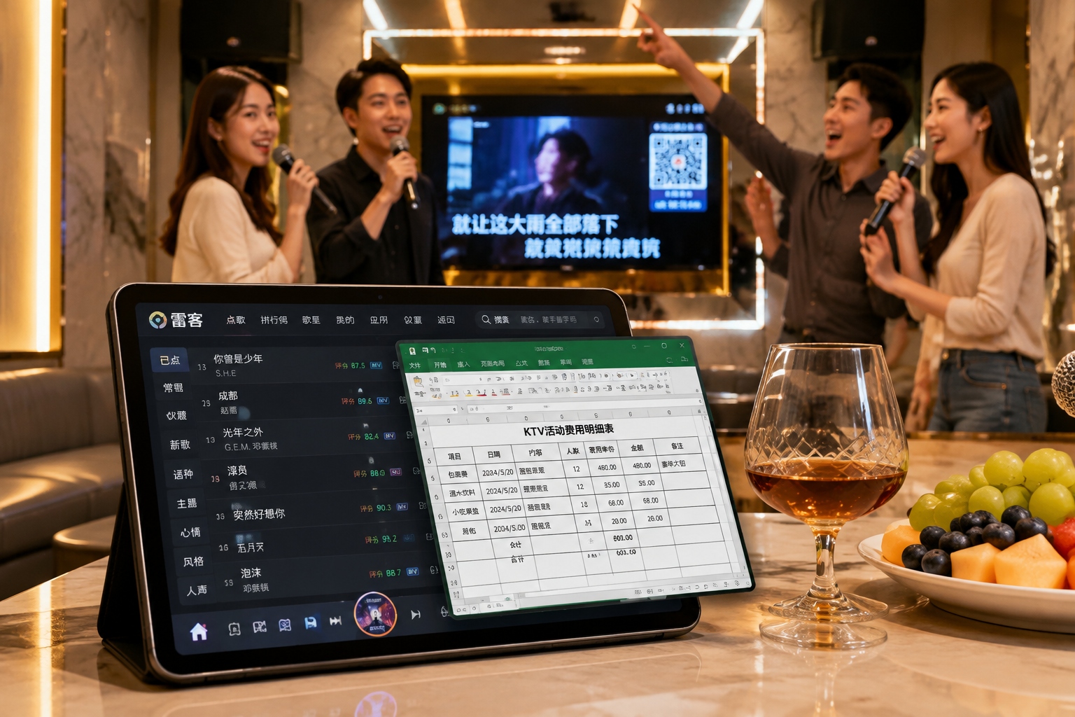 Tablet displaying karaoke song list and business spreadsheet in a KTV room
