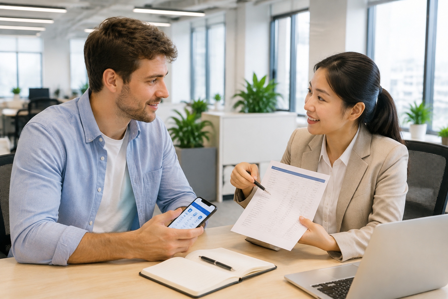 A foreign employee in China discusses social insurance contribution details with an HR manager in a modern office.