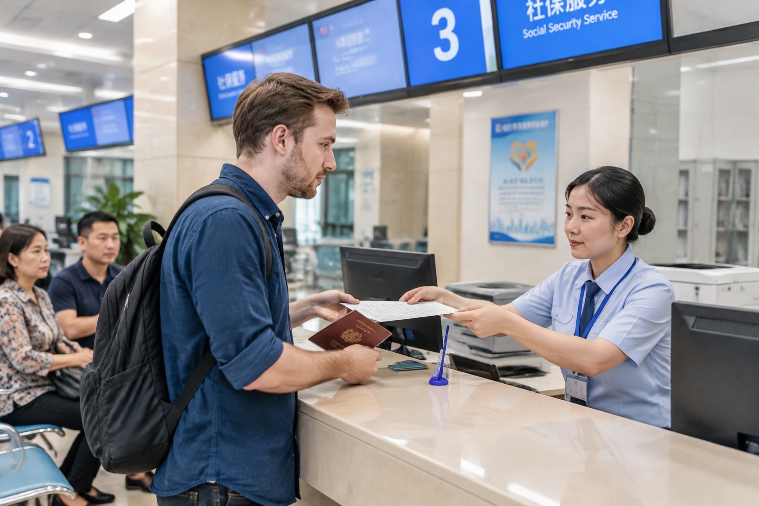 A foreign employee withdraws his social insurance and housing fund at a Chinese social security service center.
