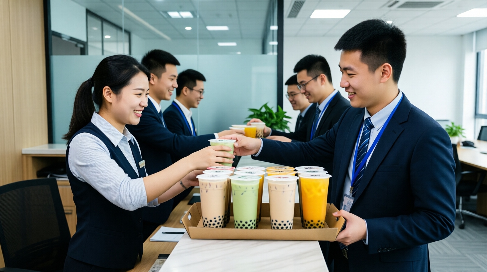 Chinese office workers pick up their group-ordered bubble tea at the front desk in the afternoon.