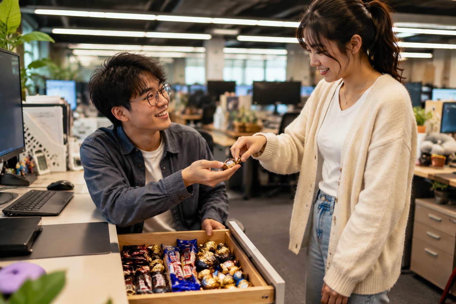 An engineer shares chocolates from his desk drawer with a colleague in a Chinese office.