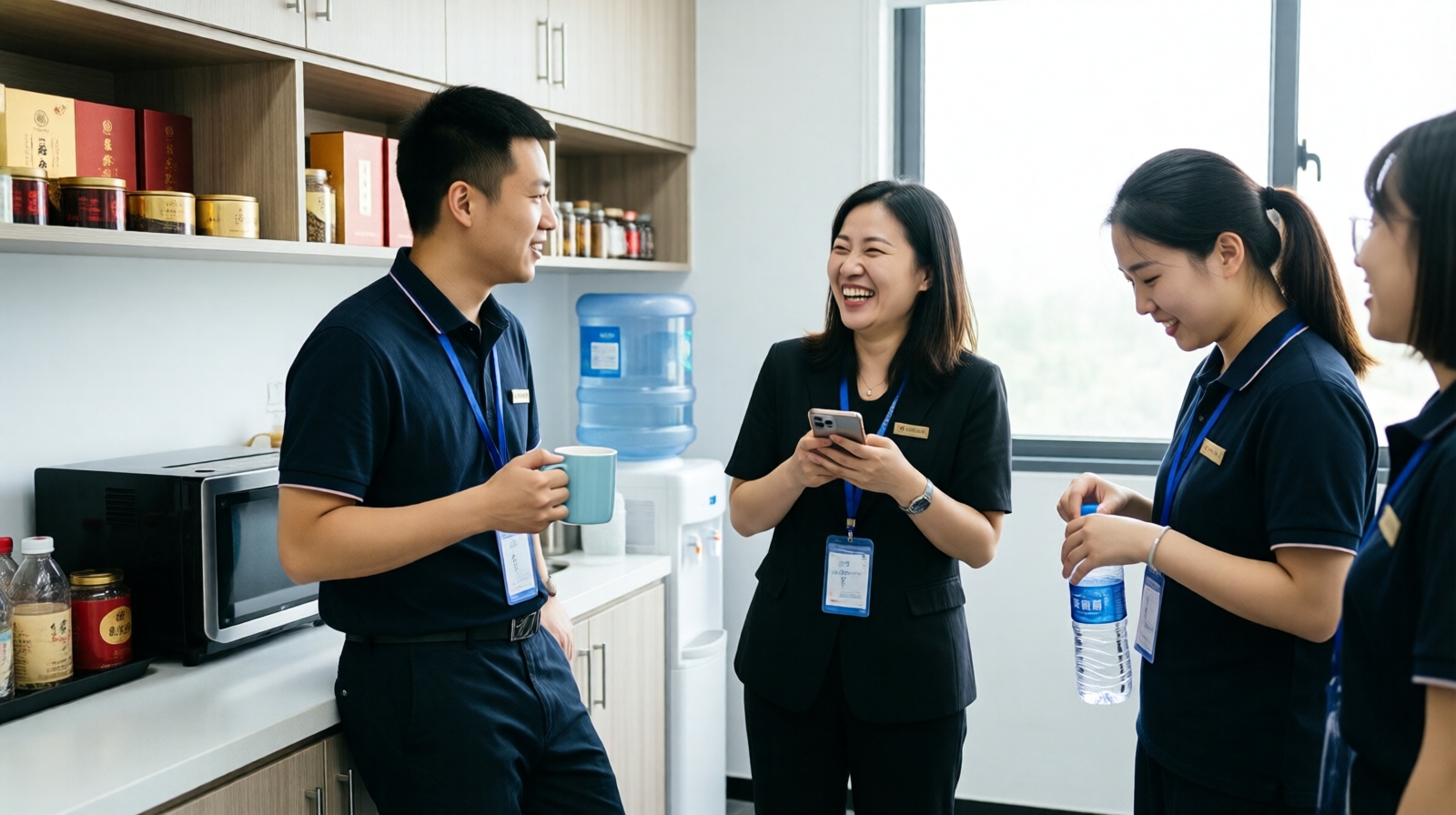 Colleagues chat by the water dispenser in a bright office pantry in China.