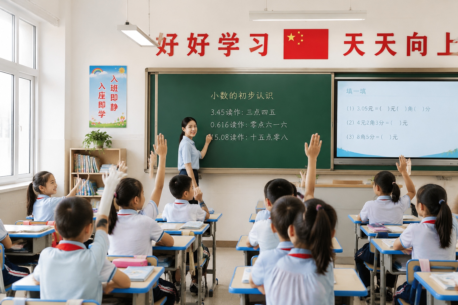 Chinese primary school children in a public school classroom raising hands to answer a question