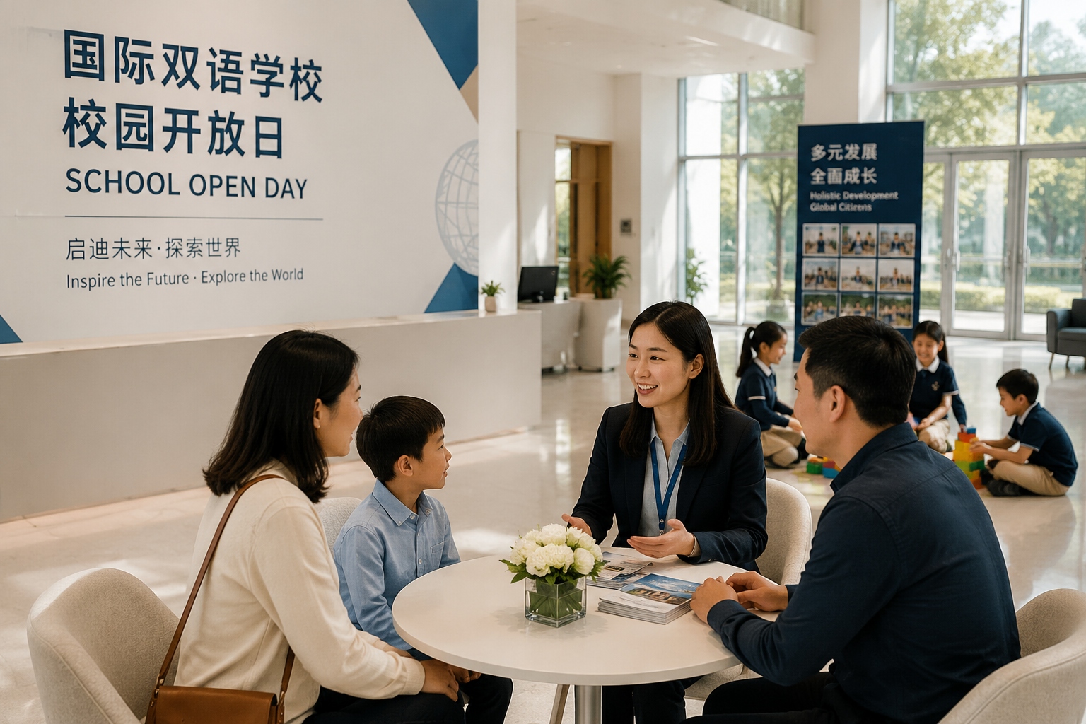 Parents and teachers talking at a bilingual school open day in Shanghai
