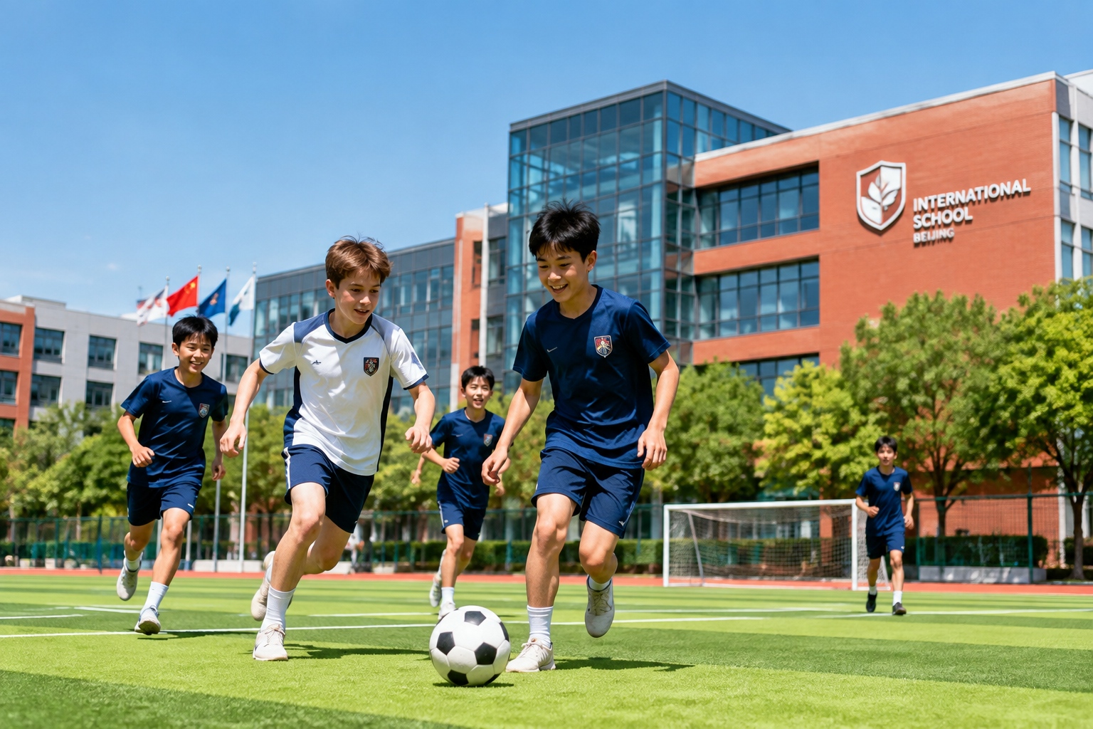 Students from different nationalities at an international school campus in China playing football