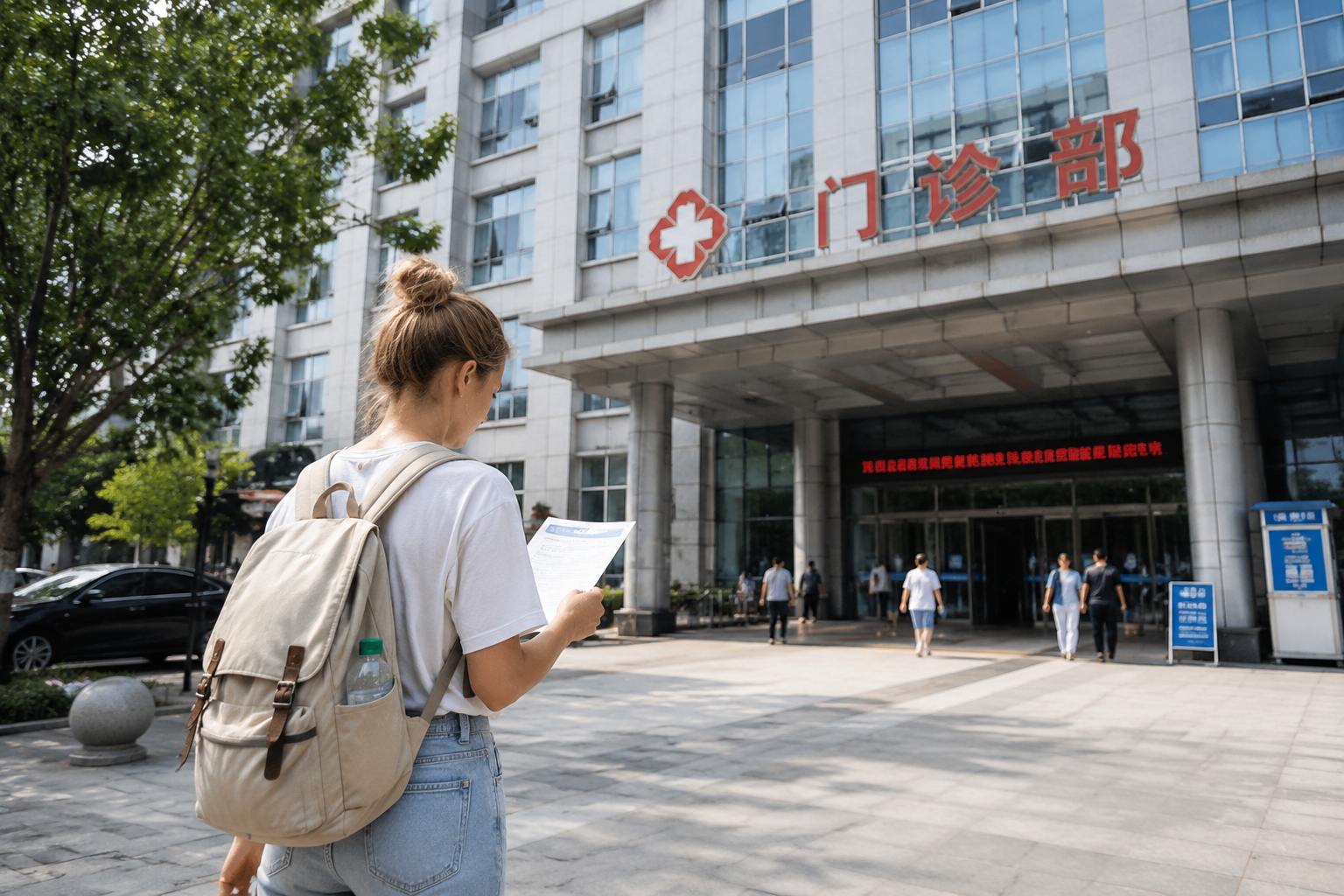 Foreign expat holding a medical checkup form at a designated Chinese hospital entrance