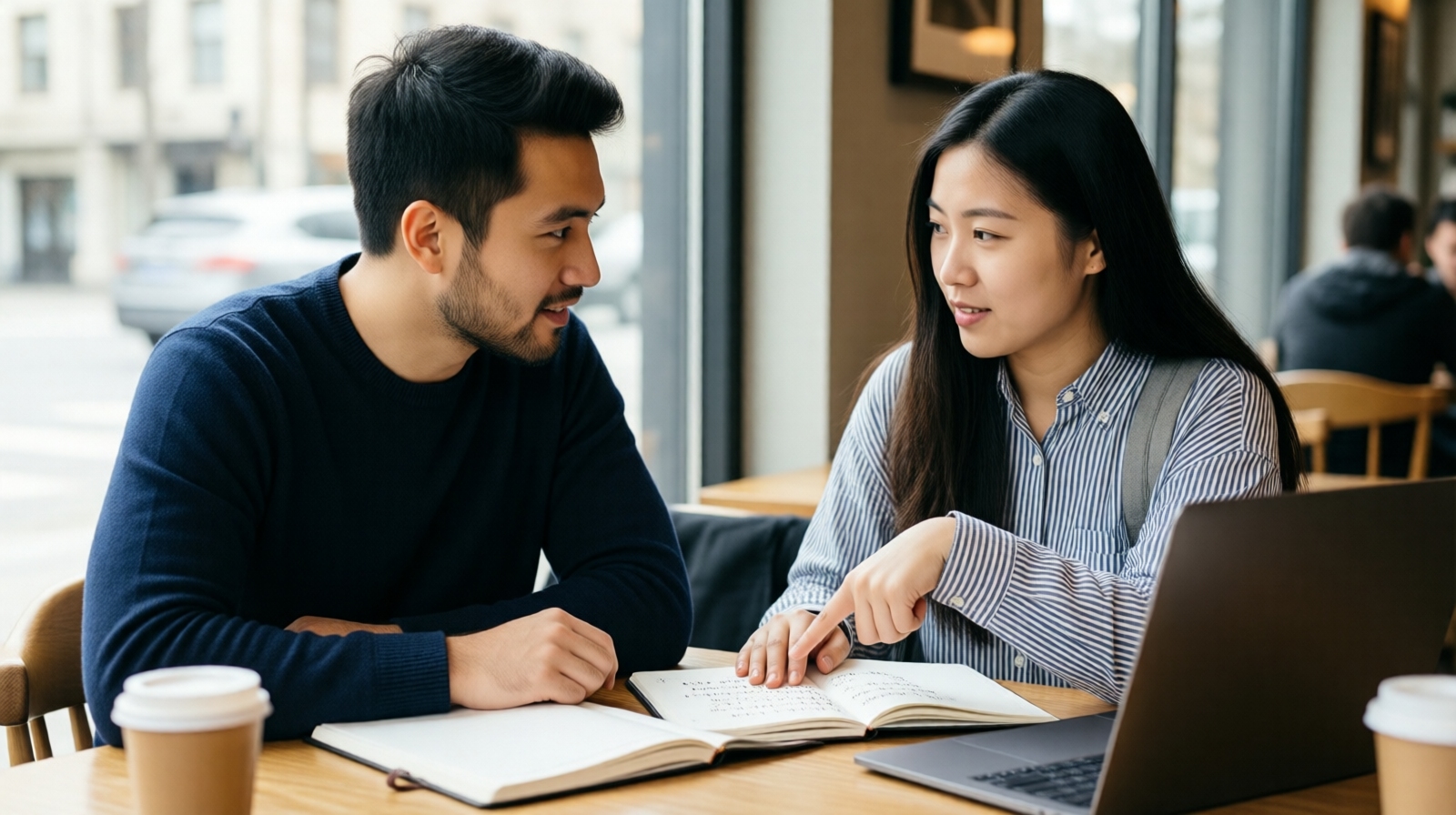 Foreign man and Chinese woman practicing language exchange over coffee in a Chinese café