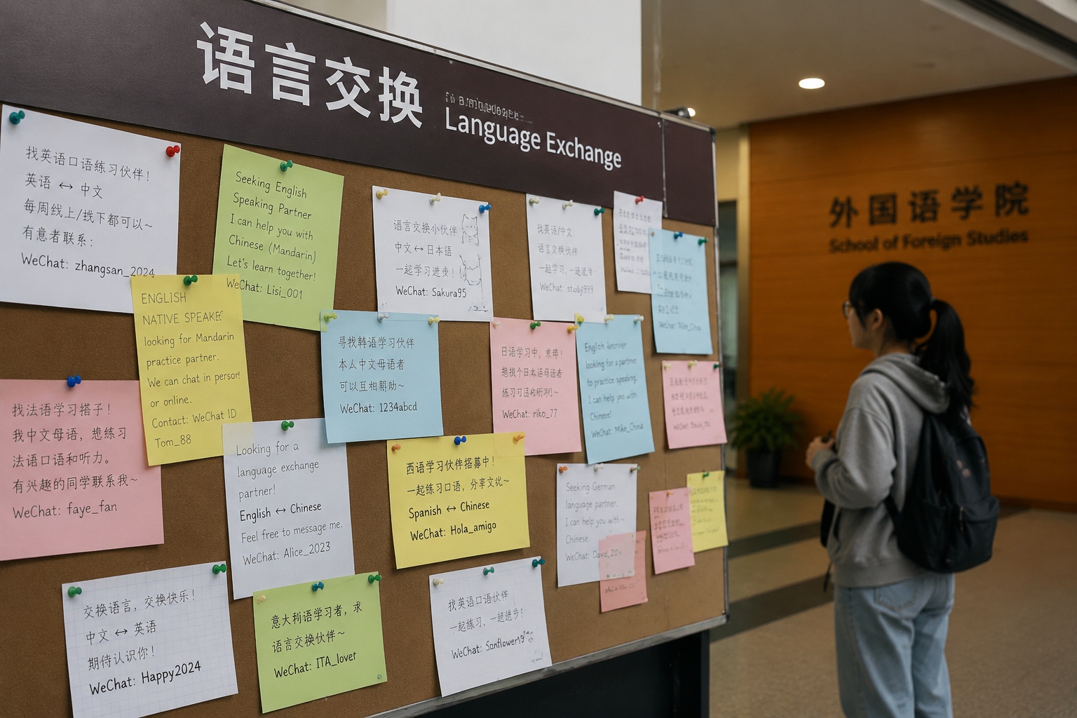 University notice board in China with handwritten notes about language exchange partners