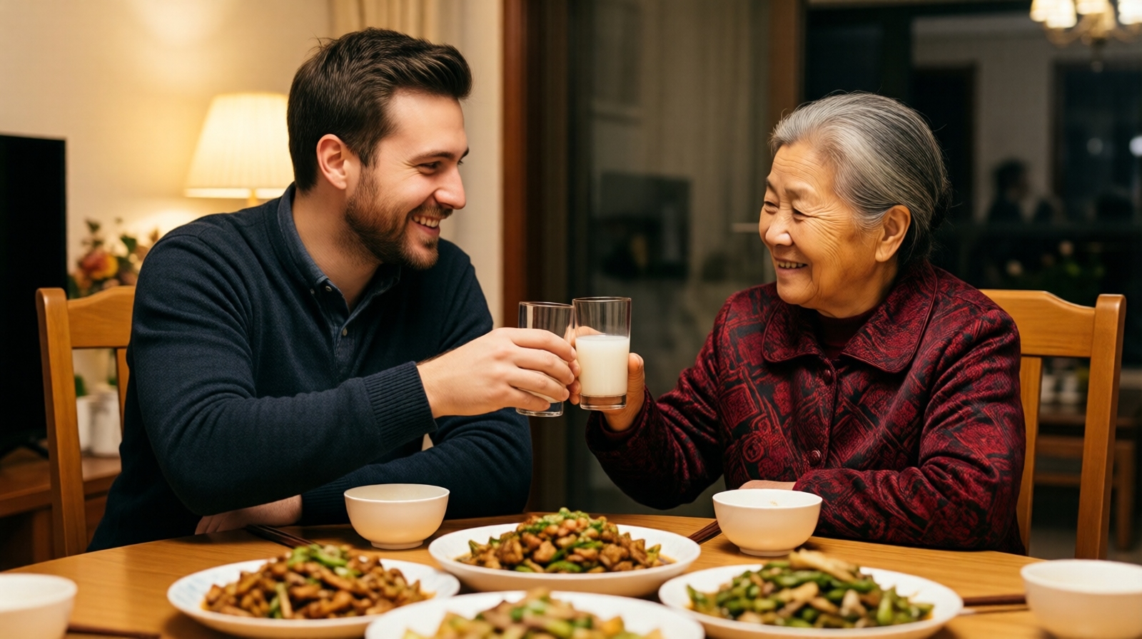 Foreign visitor toasting with a Chinese family during a Lunar New Year meal