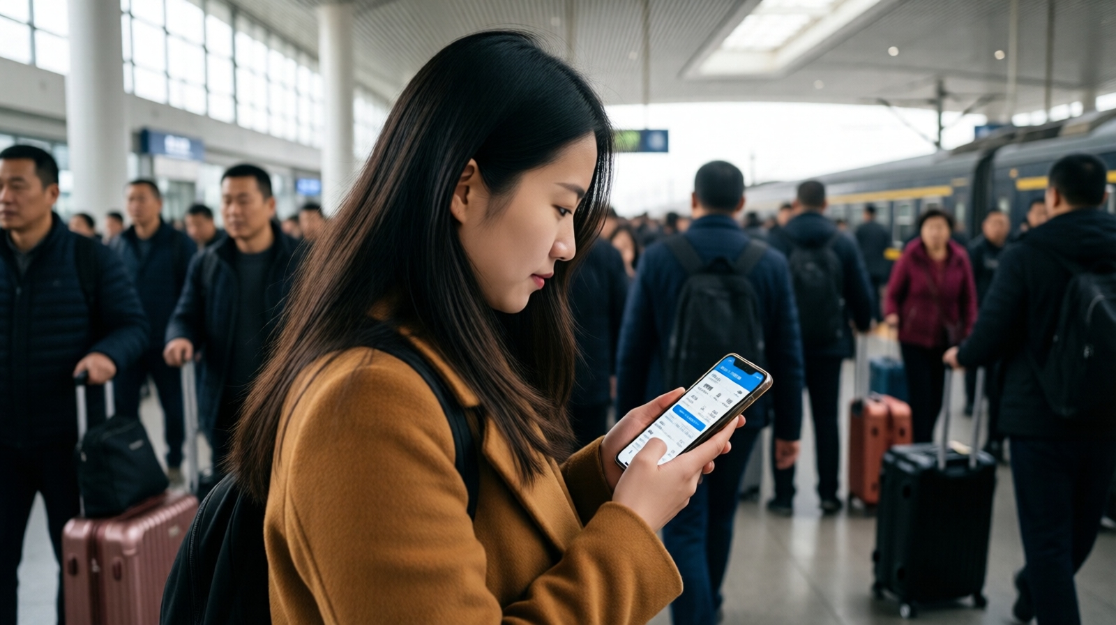 Young woman using smartphone to book train ticket during Spring Festival travel rush in China