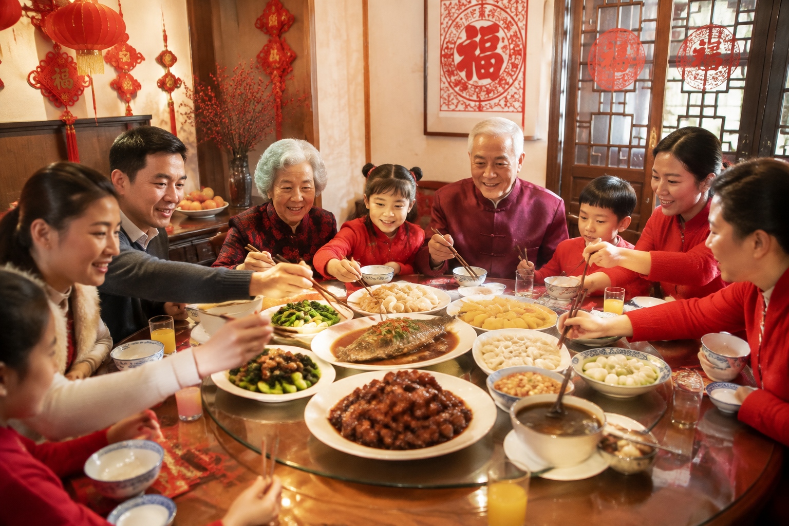 Chinese family enjoying a reunion dinner on Spring Festival eve with various traditional dishes