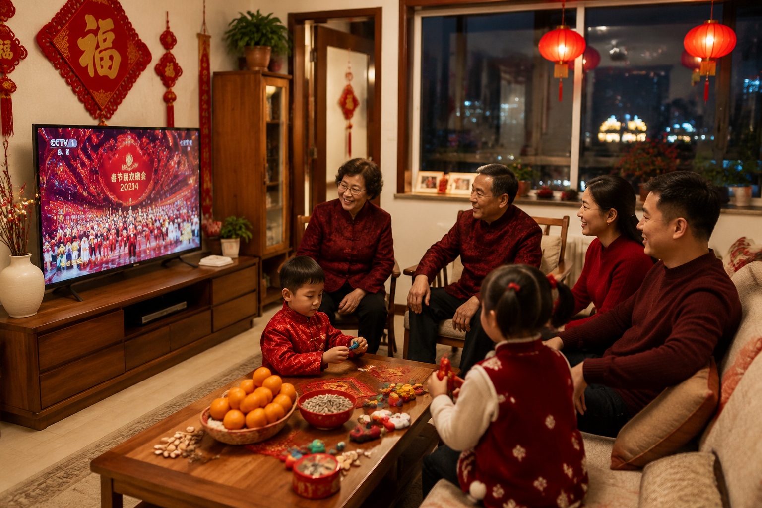 Chinese family watching television together on Chinese New Year's Eve, staying up late