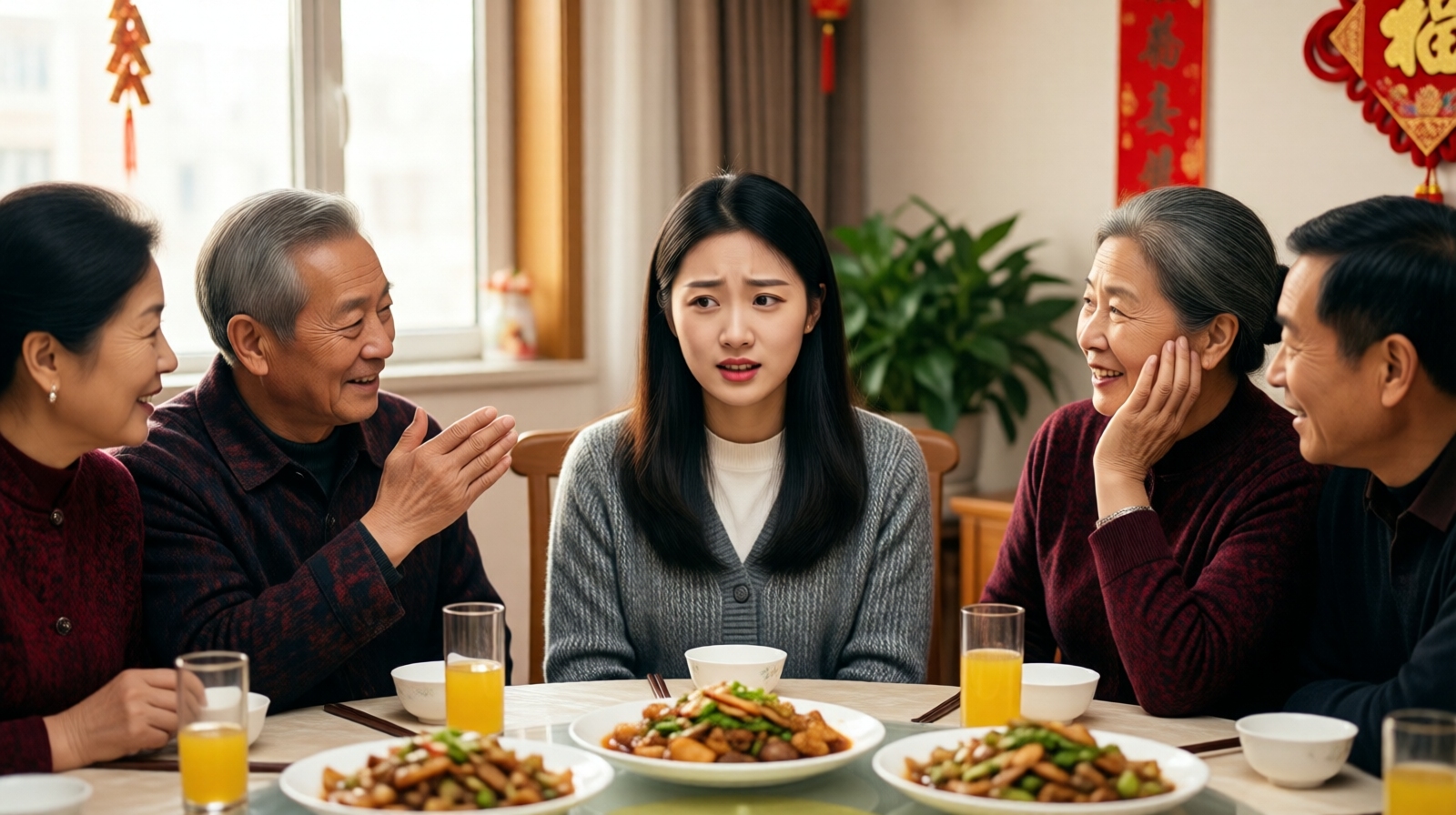 Young woman at a Spring Festival family meal with relatives asking questions about marriage