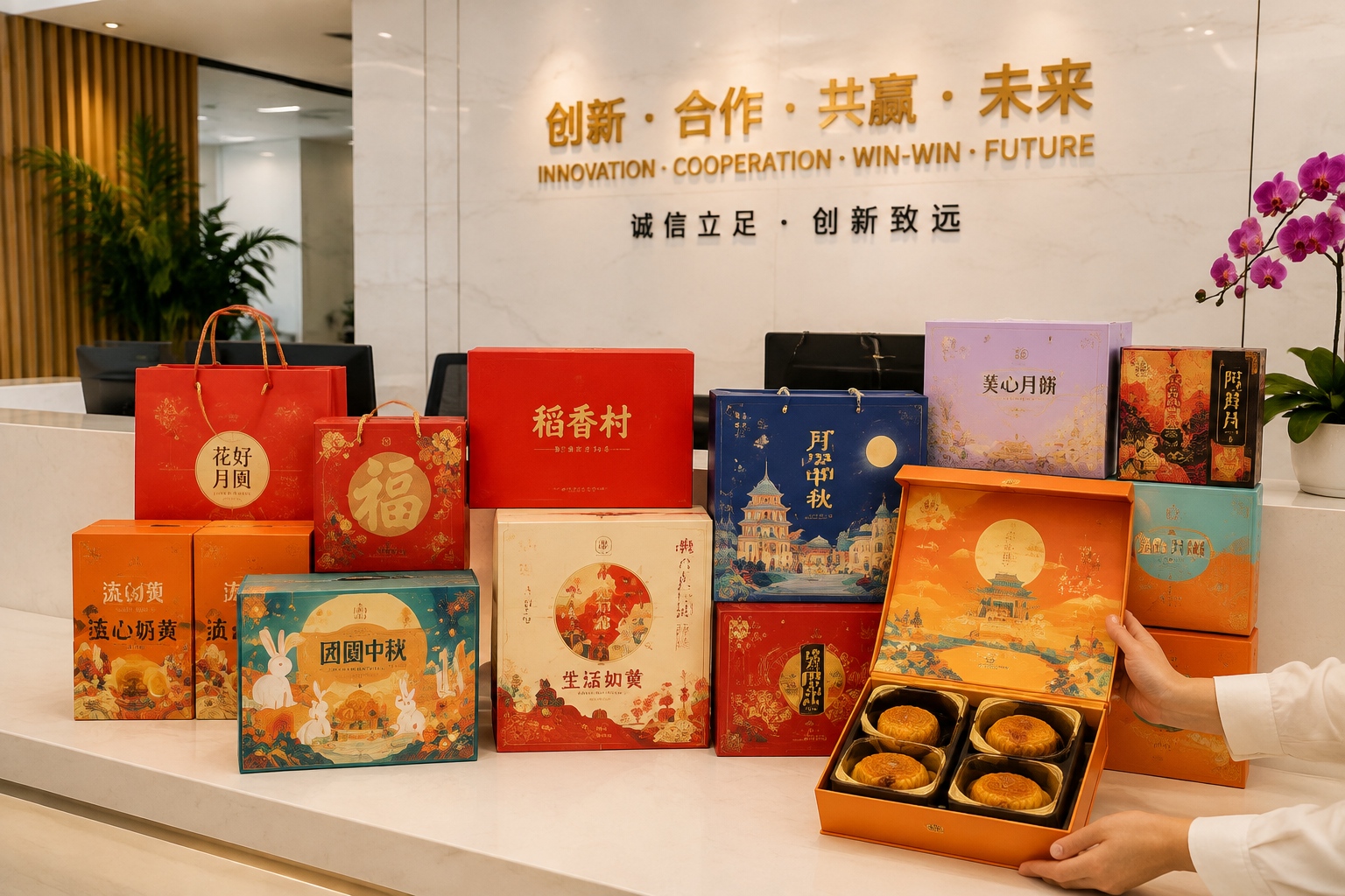 Mooncake gift boxes stacked in an office in China, with one box open showing pastries, illustrating the Mid-Autumn gift-giving tradition.