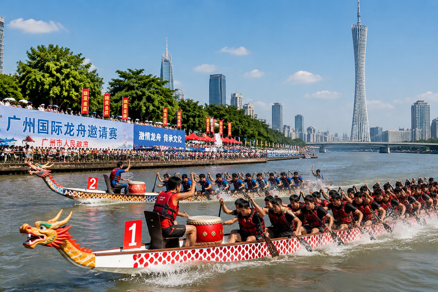 Dragon boat racing teams during the Dragon Boat Festival in Guangzhou, with paddles splashing and spectators on the shore.