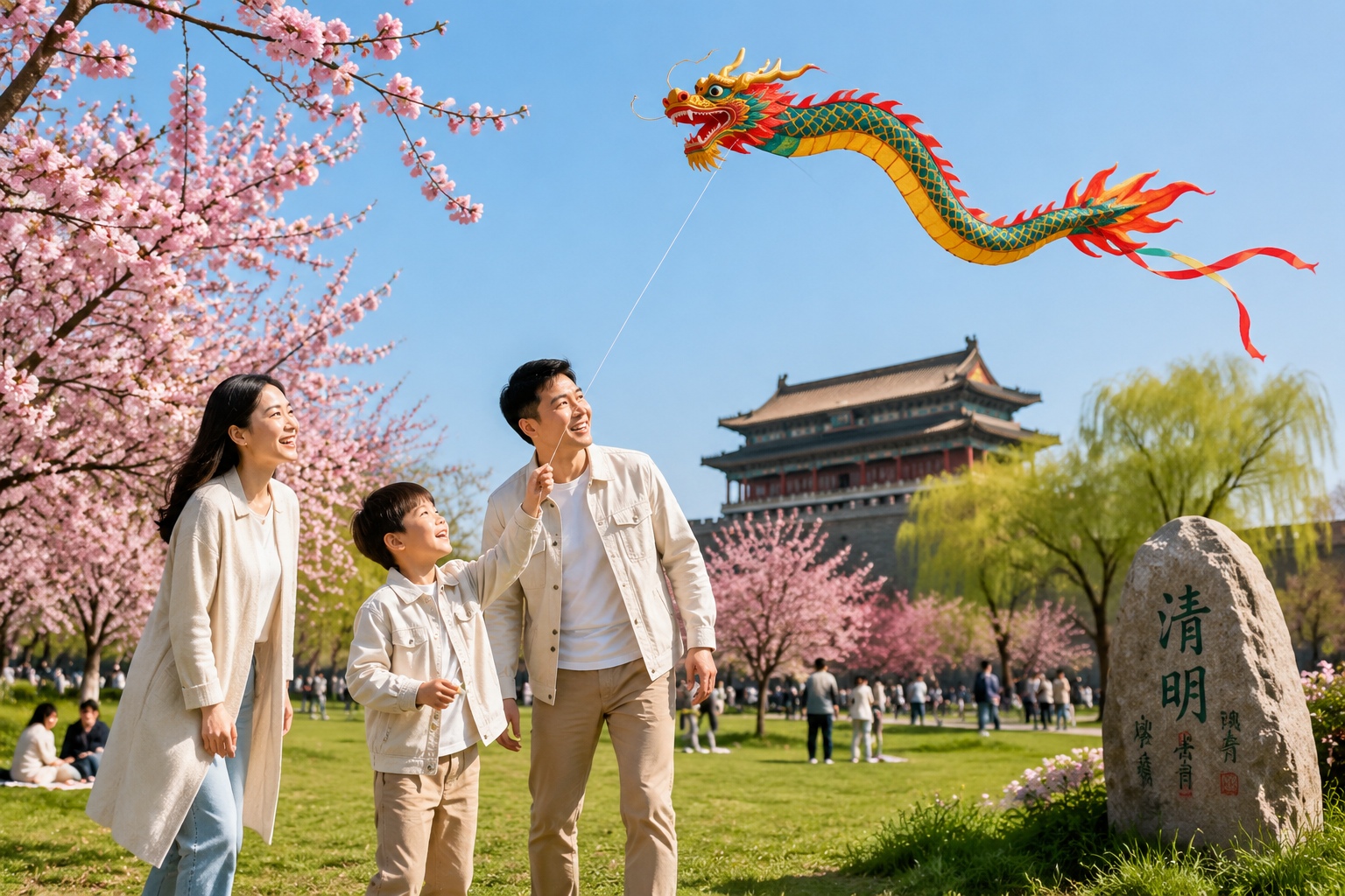 A family flies a dragon-shaped kite in a Beijing park during the Qingming Festival, enjoying a spring outing.
