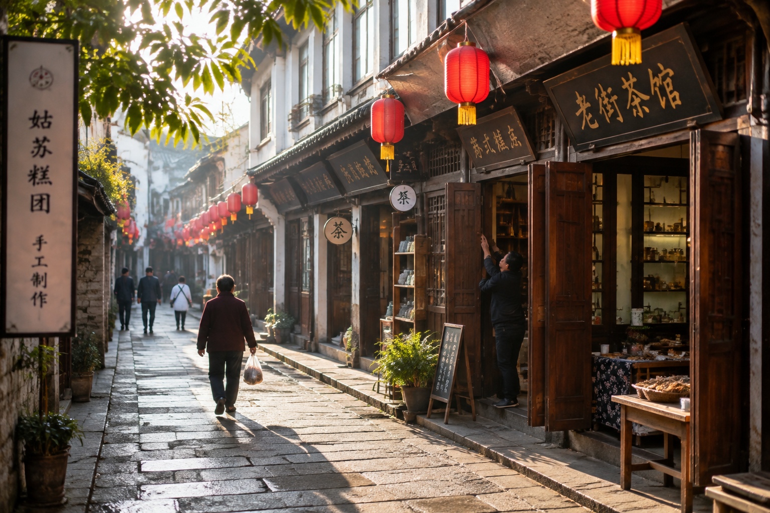 A quiet old street in a Chinese small town with red lanterns and no crowds, symbolizing reverse travel destinations