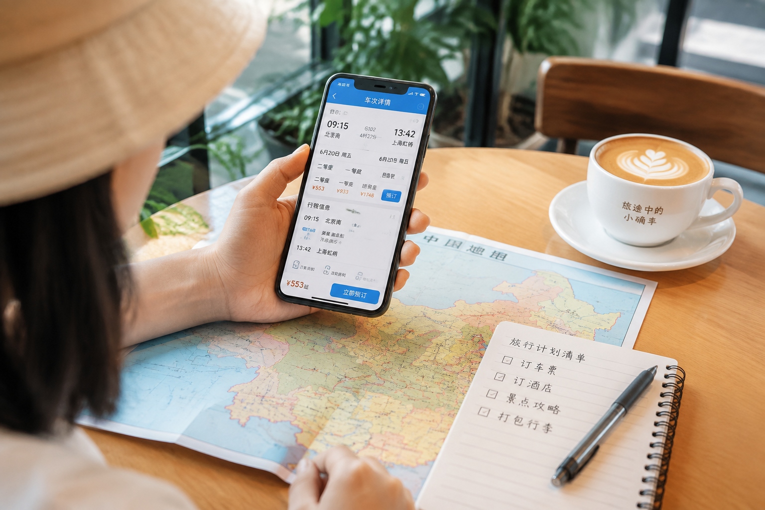 Person using a smartphone travel app to book a high-speed rail ticket in China during long weekend planning