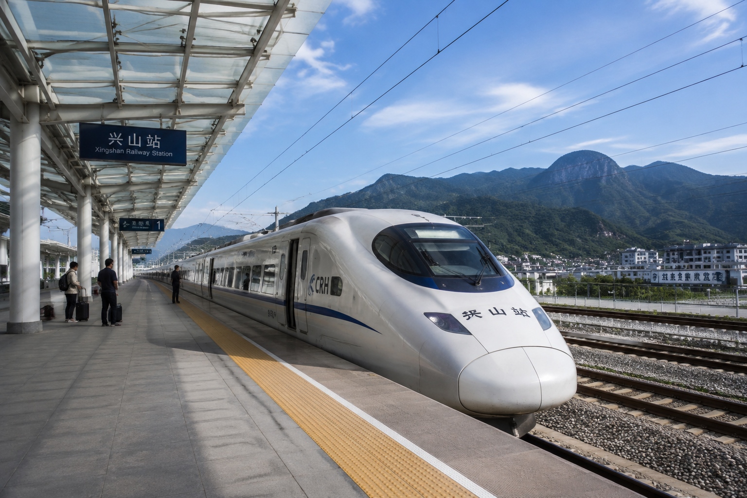 High-speed train stopped at a small Chinese city station with mountains in the background, showing how rail access enables reverse travel
