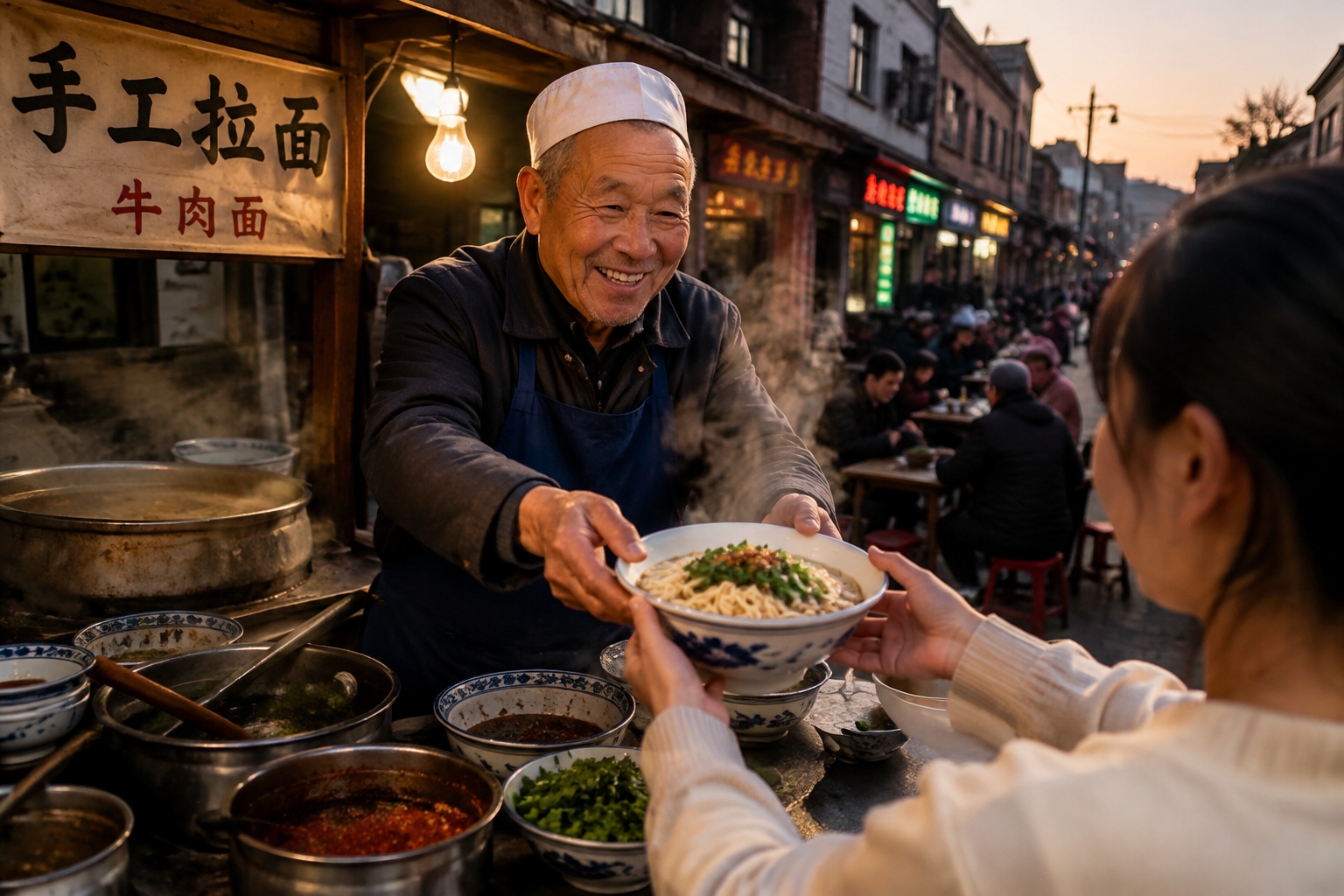 Traveler eating hand-pulled noodles at a local street stall in a Chinese small town, a highlight of reverse travel