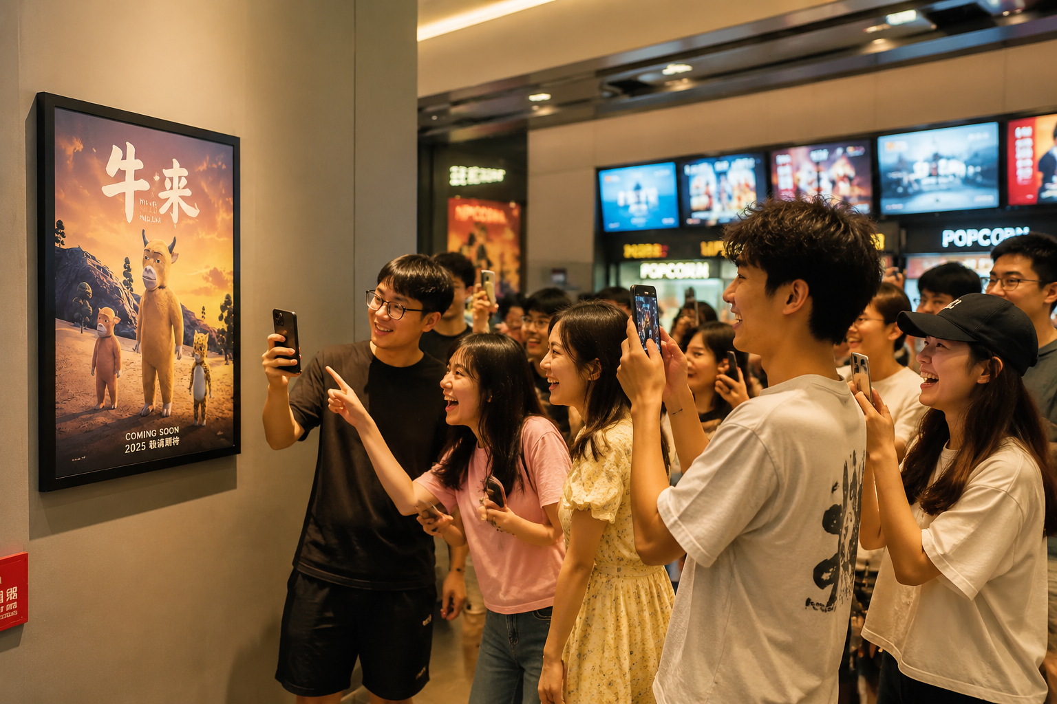 Young Chinese audiences taking pictures of the Niu Lai movie poster in a cinema lobby, laughing and sharing on social media