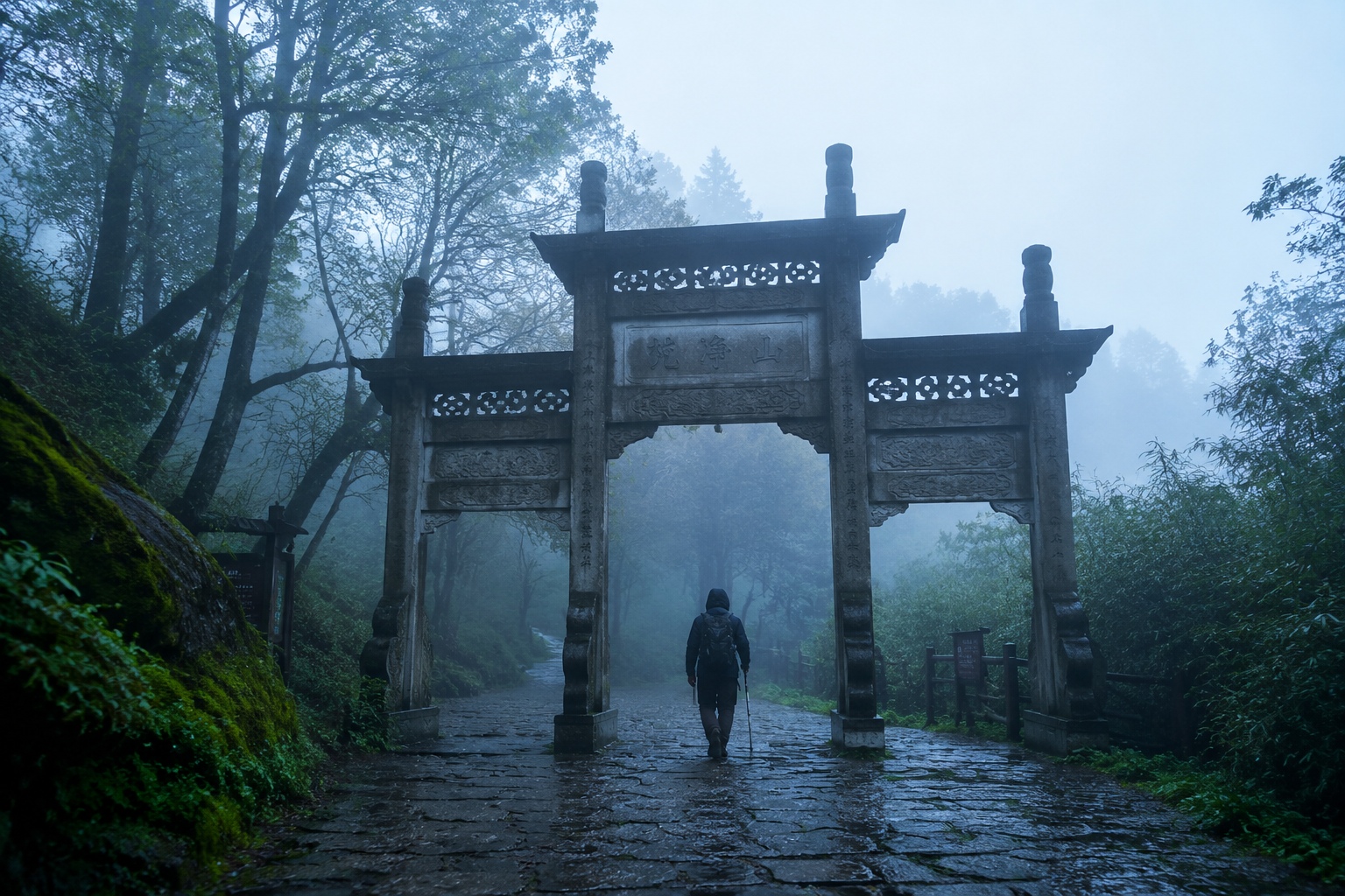Hiker entering Fanjingshan mountain gate in thick morning fog