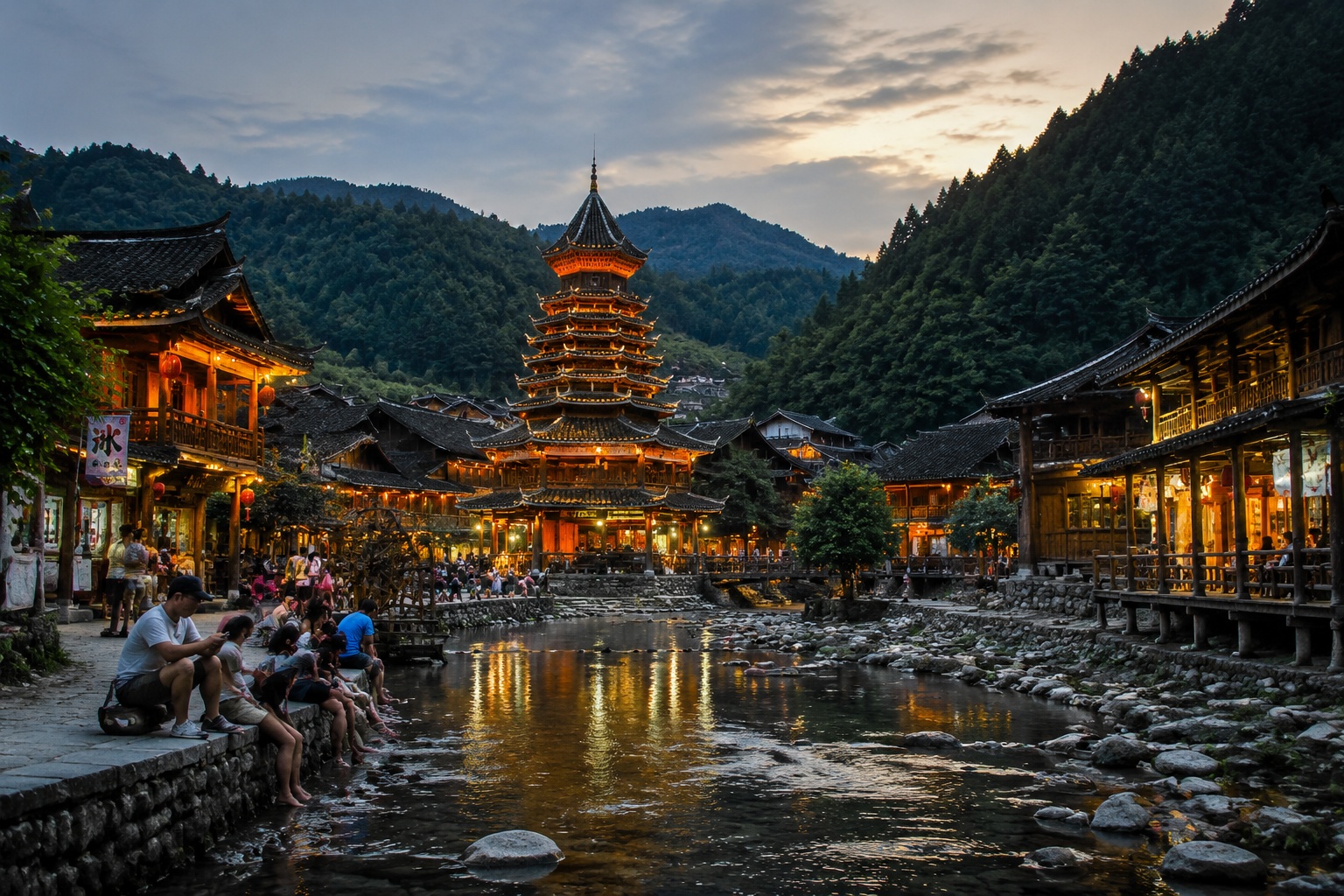 Zhai Sha Dong village drum tower and wooden houses at dusk in Guizhou