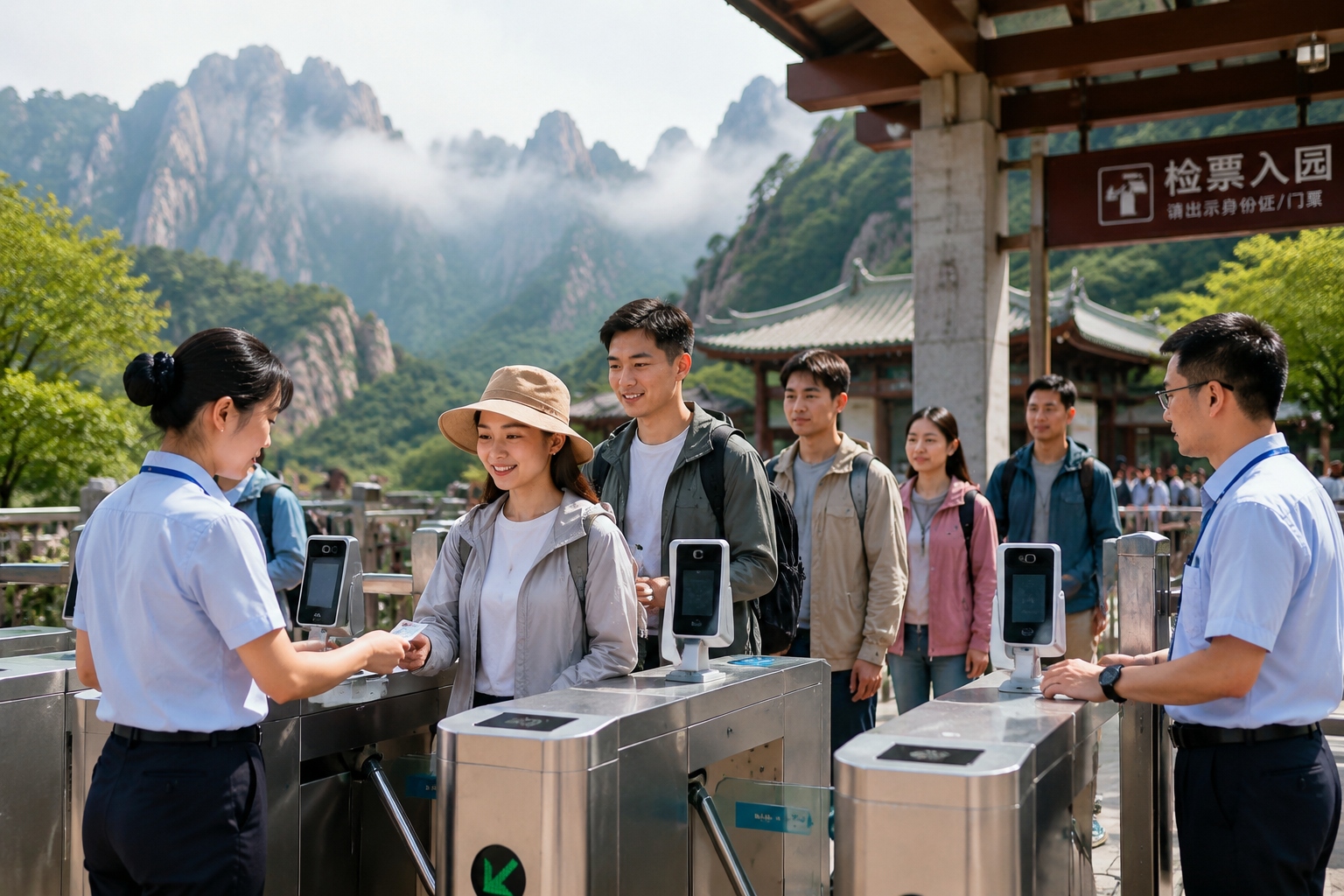 Visitors queuing at the ticket entrance of Fanjingshan scenic area in Guizhou, China, with ID card scanning gates and staff, showing the quota system.