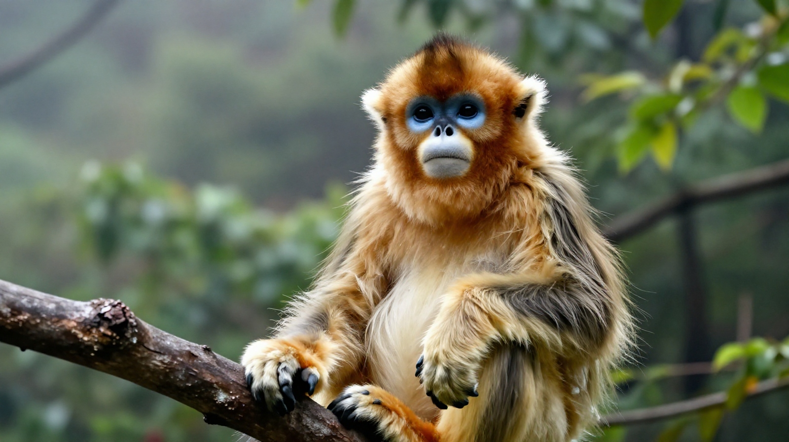 A Guizhou golden monkey in the forest on Fanjingshan, one of the world's rarest primates
