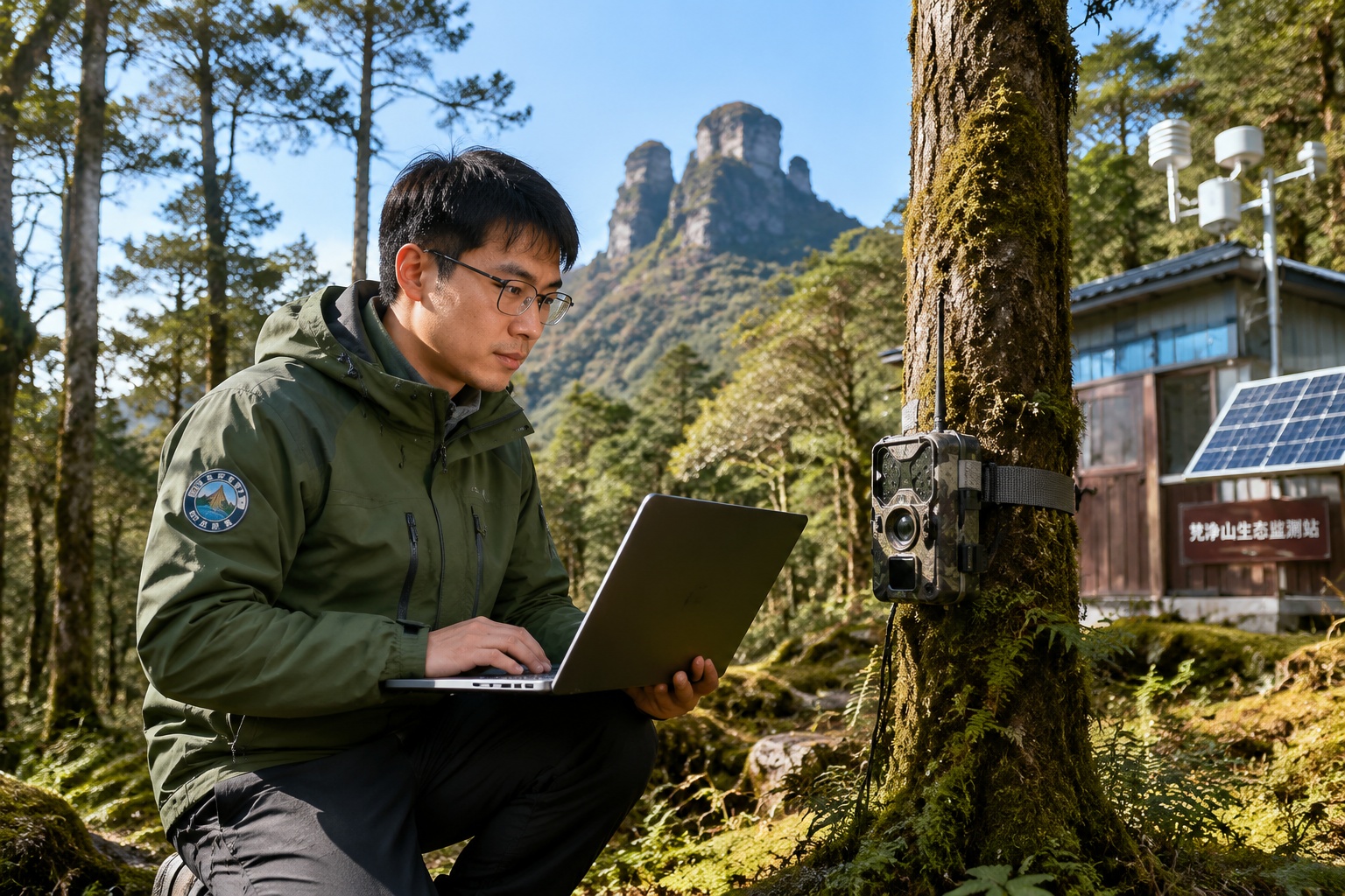 A scientist monitoring wildlife with a camera trap on Fanjingshan mountain, China