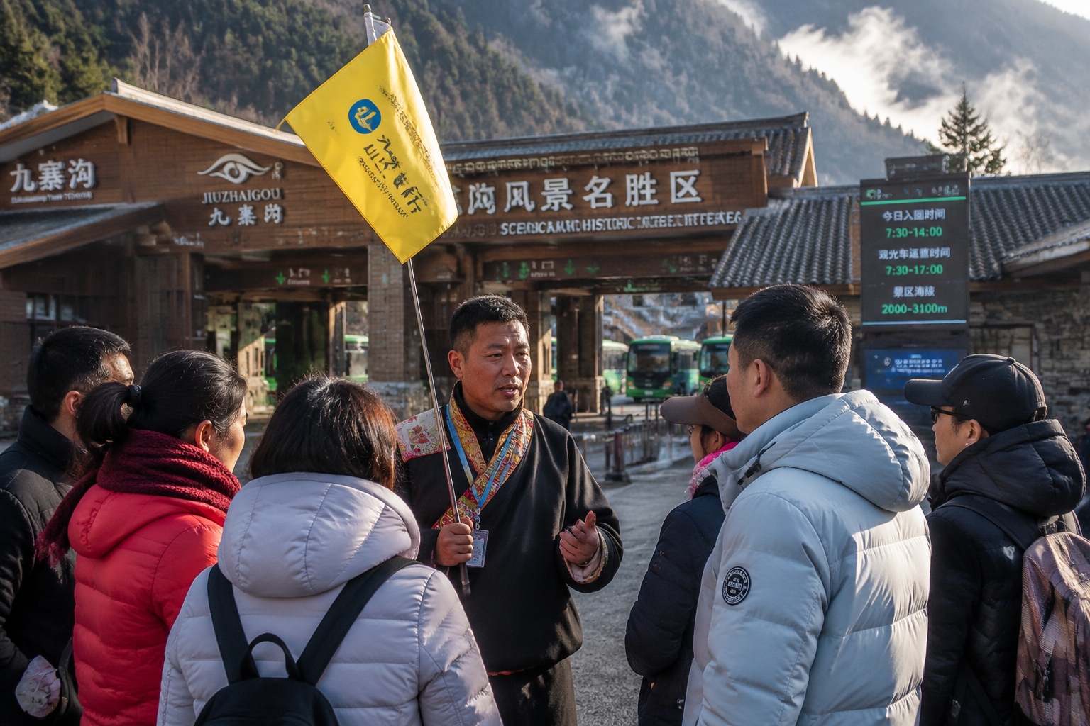 Tibetan guide with flag at Jiuzhaigou entrance in the morning