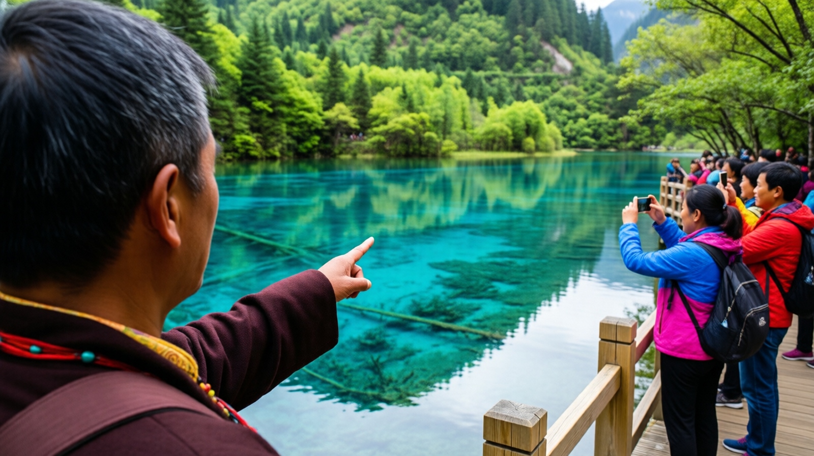 Tibetan guide explaining a turquoise lake to tourists on a boardwalk